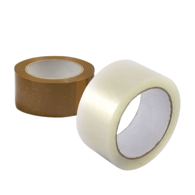 Rolls of adhesive tape in buff, clear and acrylic varieties, displayed on a clean white background